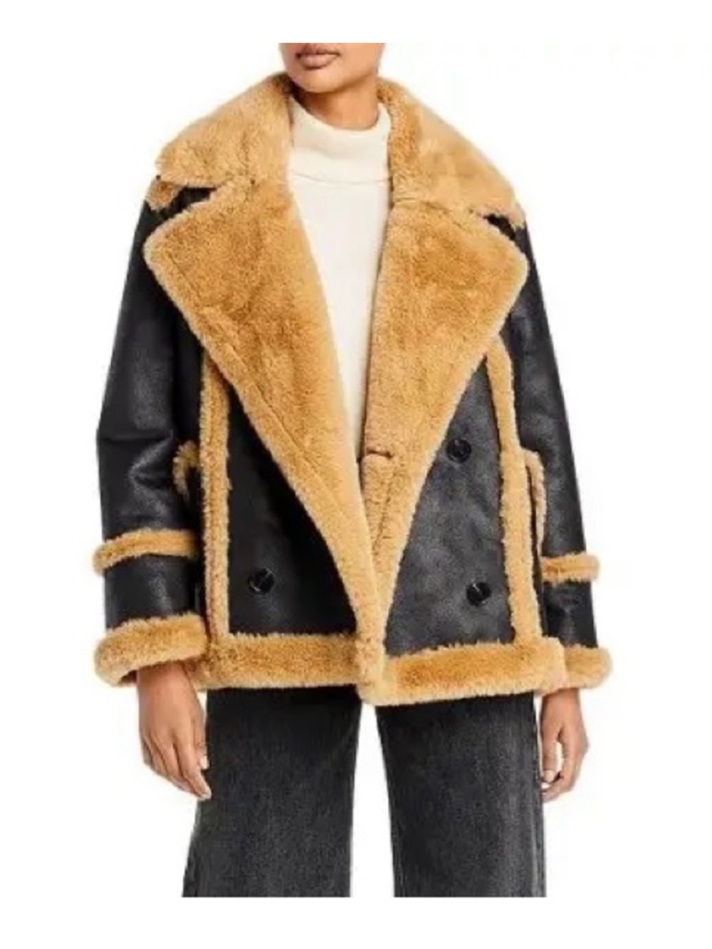 French Connection Black Jacket with Tan Faux-Shearling Trim